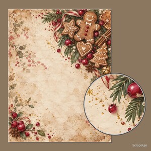 Puede incluir: Una hoja de papel rectangular con textura de pergamino vintage que presenta una ilustraci&oacute;n festiva en la esquina con galletas de jengibre, ramas de pino, bayas rojas, canela y rodajas de naranja seca, con un recuadro circular.