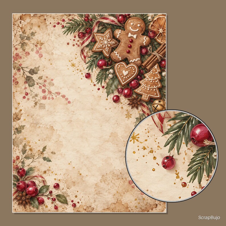 Puede incluir: Una hoja de papel rectangular con textura de pergamino vintage que presenta una ilustraci&oacute;n festiva en la esquina con galletas de jengibre, ramas de pino, bayas rojas, canela y rodajas de naranja seca, con un recuadro circular.