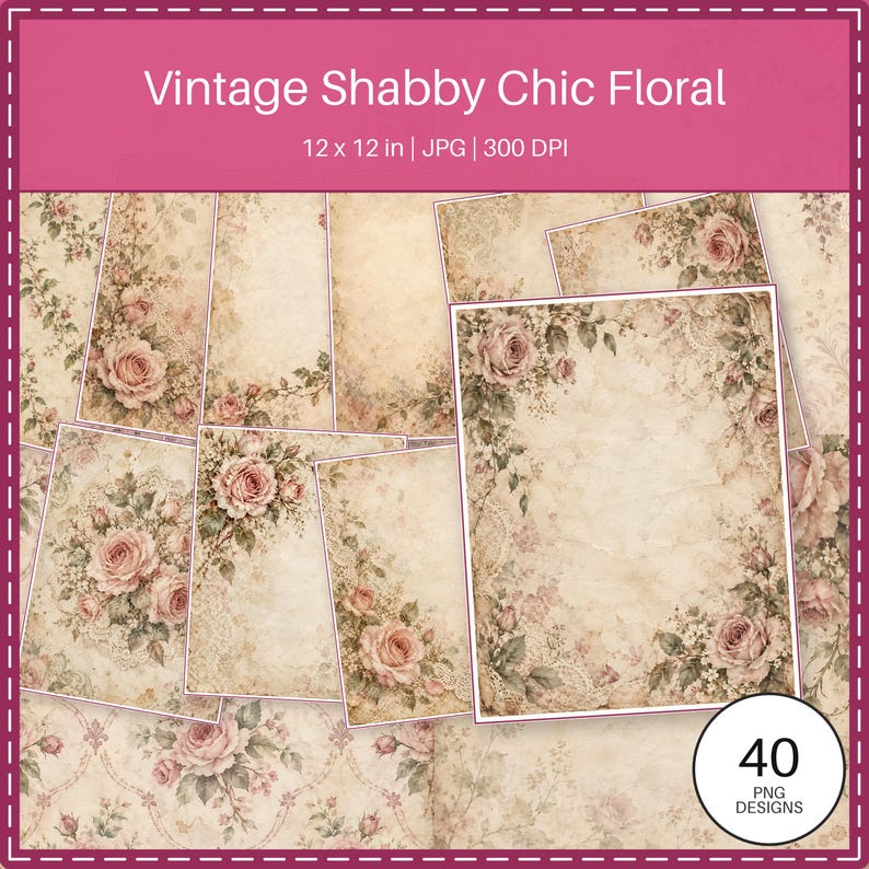 Vintage-Scrapbook-Papiere im Shabby-Chic-Stil mit Blumenmuster | 40 digitale Hintergründe im US-Letter-Format Bild 1