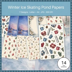 Może przedstawiać: Cyfrowa kolekcja Winter Ice Skating Pond Papers zawierająca 7 wzor&oacute;w w formatach Letter i A4 w rozdzielczości 300 DPI. Wzory obejmują ilustracje łyżew, rękawic, szalik&oacute;w, termos&oacute;w, kubk&oacute;w, gałązek sosnowych i szyszek na jasnym tle.