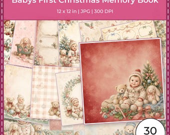 Baby First Christmas Scrapbook Papers, Watercolor Holiday Designs (Digital Download)