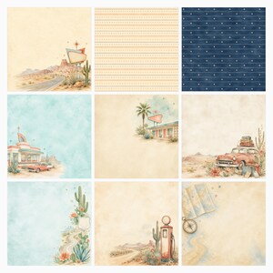 Vintage Road Trip Scrapbook Paper Bundle, USA Americana Watercolor Designs (Digital Download) preview 4