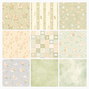 36 Watercolor Baby Papers, Green Nursery Scrapbook Patterns (JPG) preview 3
