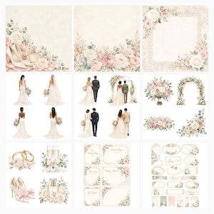 Elegant Wedding Paper Pack, Blush Sage Floral Lace Junk Journal Kit (49 JPG, 16 PNG) preview 3