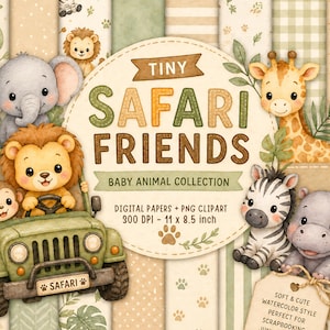Può includere: Un set di carte digitali e clipart con illustrazioni ad acquerello di animali safari per bambini. L'immagine include un elefante, un leone, una scimmia, una giraffa, una zebra e un ippopotamo. Il testo recita "Tiny Safari Friends Baby Animal Collection" e "11 x 8,5 pollici".