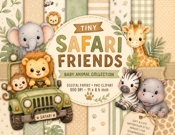 Tiny Safari Friends Watercolor Digital Paper Pack | Baby Animals, Pastel Patterns (Digital Download)