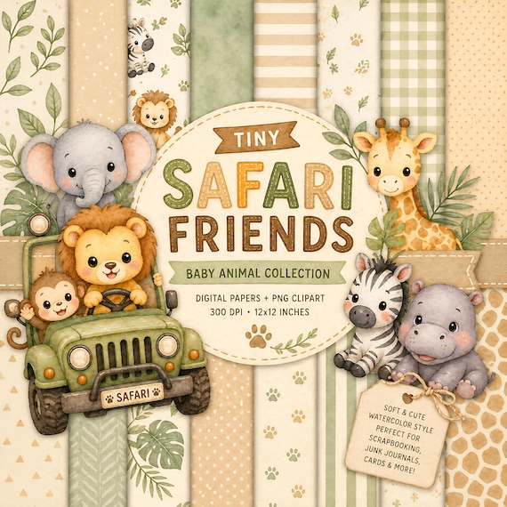 Tiny Safari Friends Digital Paper Pack | Baby Animals Watercolor Patterns (Digital Download) A4 PDF