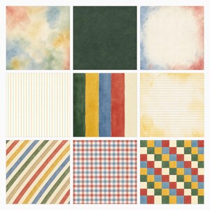 Op de afbeelding: Een collectie van negen vierkante digitale papierpatronen met aquareltexturen. De ontwerpen omvatten zachte wolken, effen donkergroen, een rood en blauw omrand kader, verticale strepen, kleurblokken, horizontale lijnen, diagonale strepen, ruitjespatroon en een dambordpatroon.