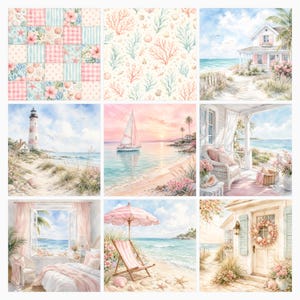 Coastal Pink Watercolor Digital Scrapbook Papers (45 JPG), Beach Cottage Die Cuts (Digital Download) preview 5