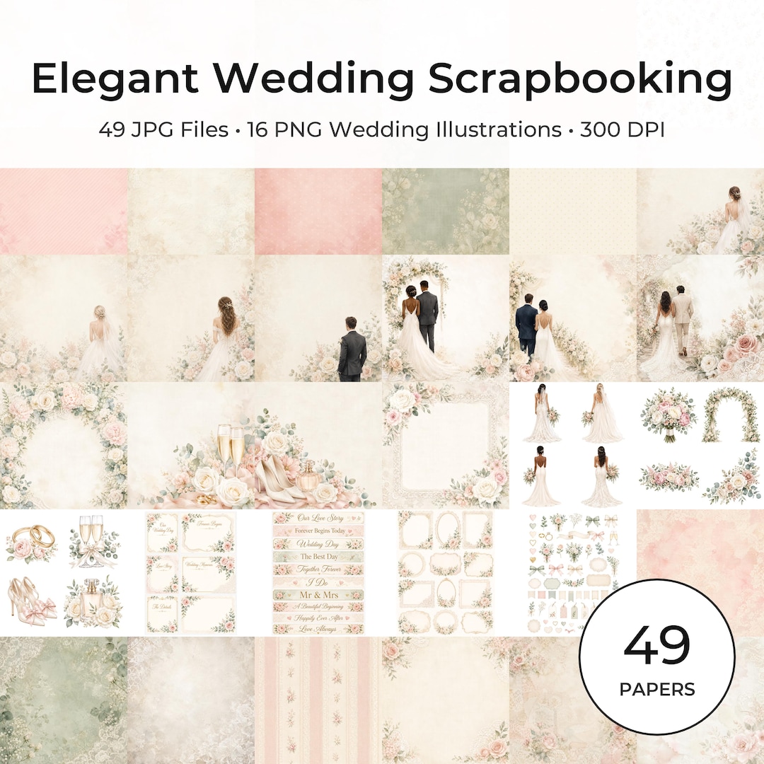 Elegant Wedding Paper Pack, Blush Sage Floral Lace Junk Journal Kit (49 JPG, 16 PNG)