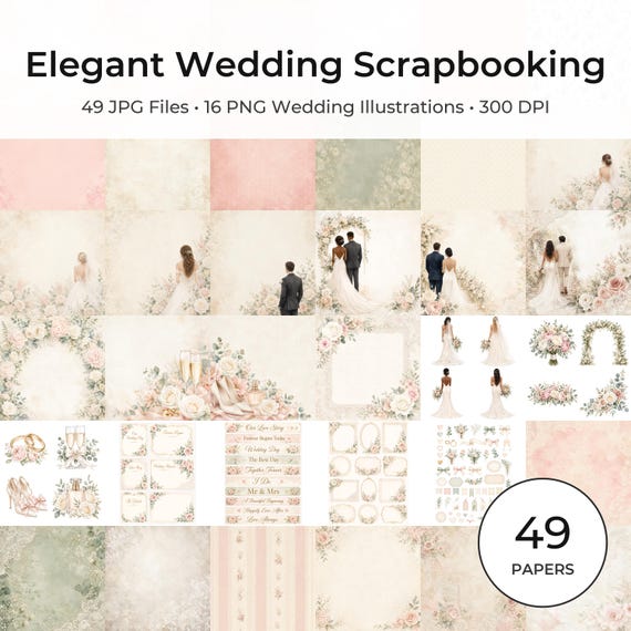 Elegant Wedding Paper Pack, Blush Sage Floral Lace Junk Journal Kit (49 JPG, 16 PNG)