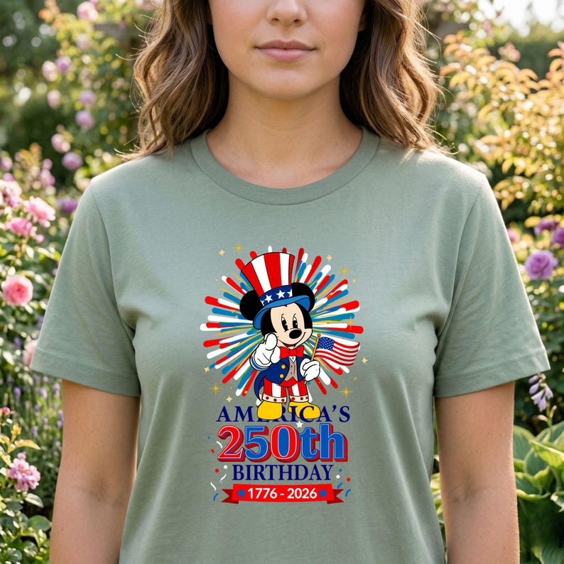May include: Sage green t-shirt featuring a patriotic Mickey Mouse design. Mickey wears a top hat and holds an American flag, with text that reads "America's 250th Birthday 1776-2026". The design includes red, white, and blue fireworks.