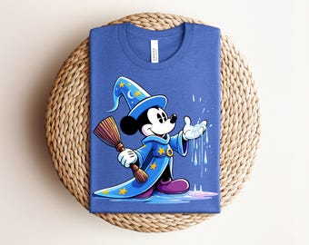 Sorcerer Mickey T-Shirt, Fantasia Apprentice Shirt, Magic Broom Graphic Tee, Cute Wizard Mouse Top, Retro Streetwear Disney Trip Outfit