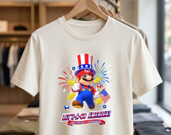 Camiseta de Mario "Let's a Go America", Camiseta patriótica de Mario por sus 250 años, Camiseta del aniversario de EE. UU. 1776-2026, Camiseta de fuegos artificiales del 4 de julio para gamers