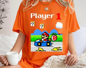 Mario Kart Player 1 Shirt Retro Gaming Tee Super Mario Karting Tshirt Cute Gamer Gift Gaming Family Vacation Matching Shirts Pink Tee