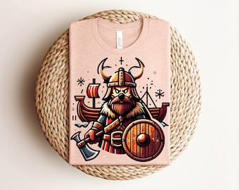 Cute Viking Warrior T-Shirt, Norse Mythology Graphic Tee, Cartoon Viking Ship Shirt, Valhalla Axe Shield Top, Retro Nordic Custom Outfit
