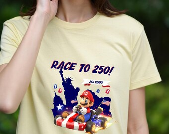 Camiseta de Mario Kart "Carrera hacia los 250", Camiseta patriótica de Mario por el cumpleaños de Estados Unidos, Camiseta de los 250 años de EE. UU. (1776-2026), Conjunto para gamers de vacaciones del 4 de julio