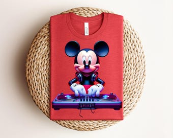 Camiseta de DJ Mickey Mouse, camiseta 3D Mickey mezclando música, camiseta con gráfico de tocadiscos neón, estilo retro EDM Disney Streetwear