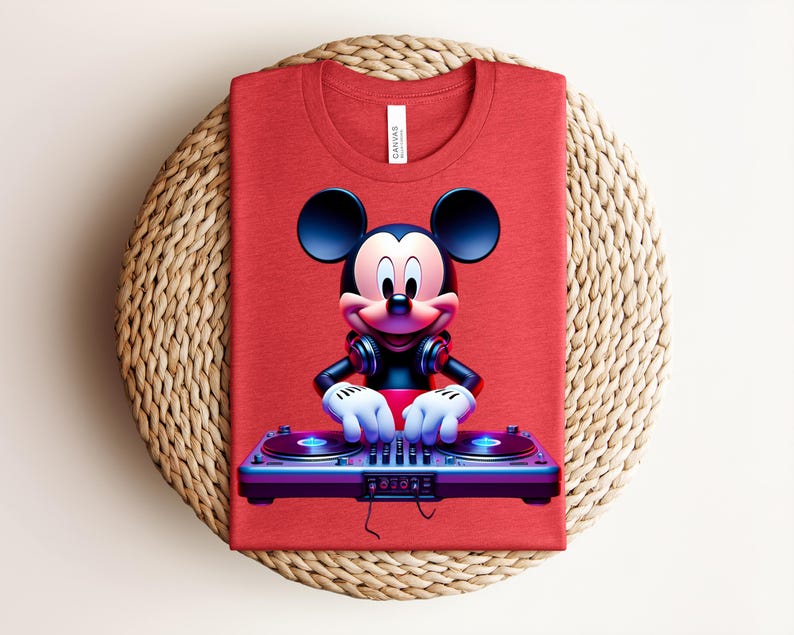 May include: A red t-shirt featuring a graphic of Mickey Mouse as a DJ, wearing headphones and operating a turntable. The shirt is folded and placed on a woven, circular mat. The tag reads "Canvas".