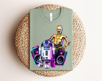 Hip Hop Droid T-Shirt, DJ R2D2 C3PO Graphic Tee, Retro Synthwave Robot Shirt, Cyberpunk Urban Space Top, Trendy Streetwear Outfit