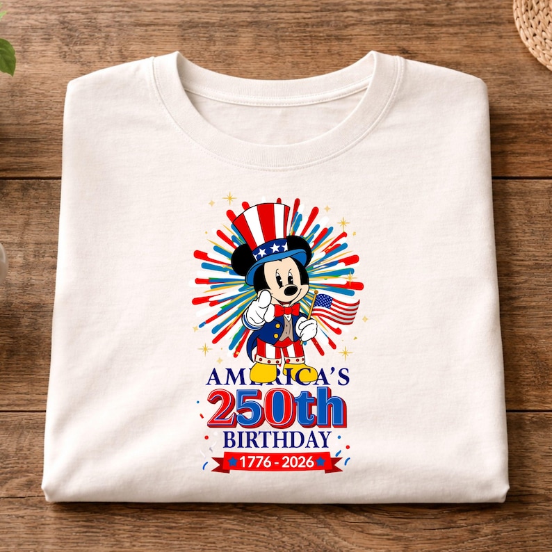 May include: White t-shirt featuring a patriotic Mickey Mouse design. Mickey is dressed in red, white, and blue, holding an American flag. The shirt celebrates America's 250th birthday, with text and fireworks graphics.