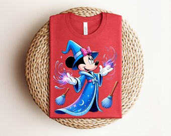 Sorcerer Minnie T-Shirt, Fantasia Apprentice Shirt, Magic Broom Minnie Tee, Cute Wizard Mouse Top, Retro Streetwear Disney Trip Outfit