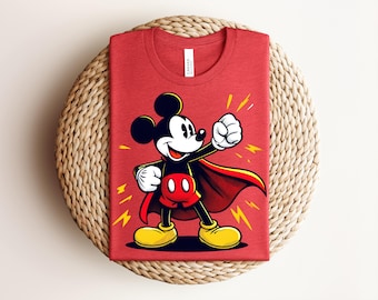 Retro Mickey Superhero Shirt, Magical Kingdom Vacation Tee, Mighty Mouse Cape T-Shirt, Heather Silver Bella Canvas 3001 Comic Outfit