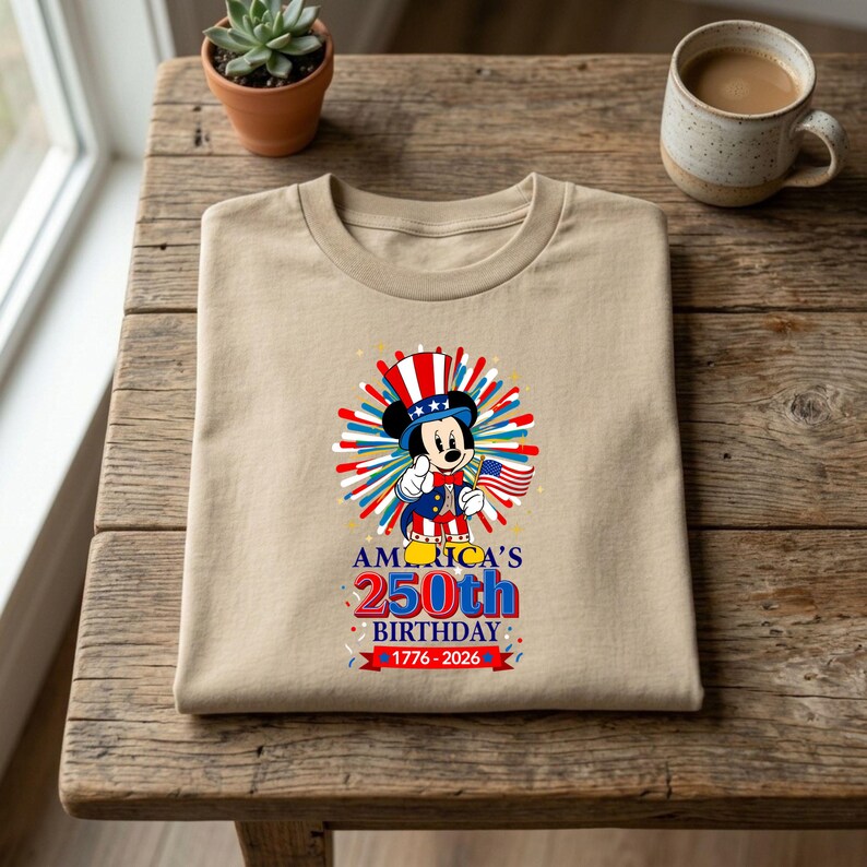 May include: A tan t-shirt featuring a graphic of Mickey Mouse in patriotic attire, holding a small American flag. The design includes the text "America's 250th Birthday 1776-2026" in red, white, and blue.