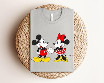 Mickey and Minnie Mouse Holding Hands T-Shirt, Classic Disney Couple Graphic Tee, Heather Prism Peach Disney Shirt, Cute Magic Kingdom Top