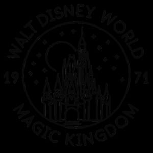 May include: Black and white circular graphic featuring the words "Walt Disney World" and "Magic Kingdom". The image includes a castle silhouette, stars, and the numbers "19" and "71".