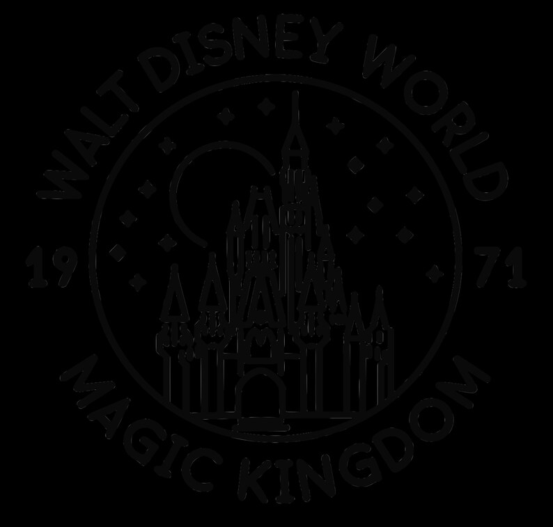 May include: Black and white circular graphic featuring the words "Walt Disney World" and "Magic Kingdom". The image includes a castle silhouette, stars, and the numbers "19" and "71".