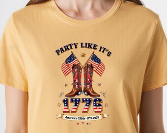 Camiseta "Party Like It's 1776", Camiseta de botas vaqueras del 250 aniversario de EE. UU., Camiseta de celebración de los 250 años de Estados Unidos, Camiseta patriótica del oeste para el 4 de julio