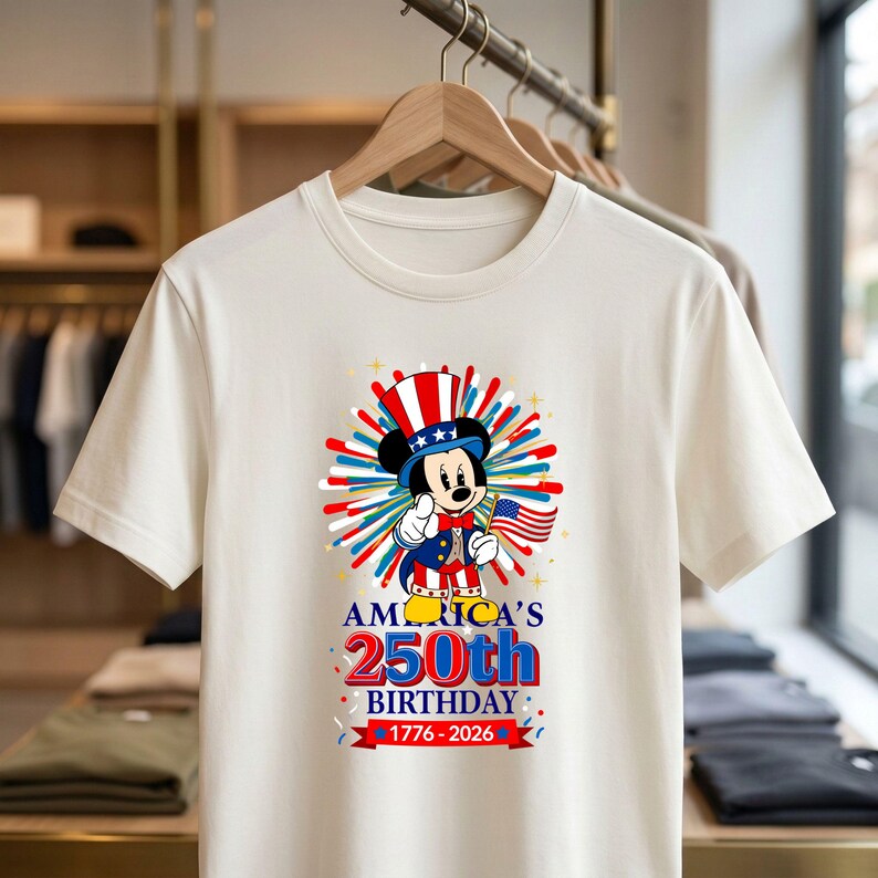 May include: Off-white t-shirt featuring a graphic of Mickey Mouse dressed in patriotic attire, holding an American flag. The design includes the text "America's 250th Birthday 1776-2026" in red, white, and blue colors. The shirt is hanging on a wooden hanger.