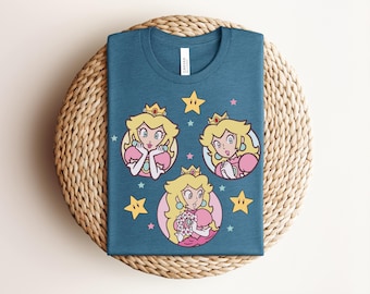 Princess Peach Nintendo T-Shirt, Super Mario Mushroom Kingdom Graphic Tee, Heather Prism Dusty Blue Gamer Shirt, Cute Anime Girl Gift Top