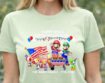 Feliz 250 cumpleaños América Mario Family Camiseta, Camiseta patriótica de Mario y Luigi BBQ, Camiseta de aniversario de EE. UU. 1776-2026, Vacaciones del 4 de julio