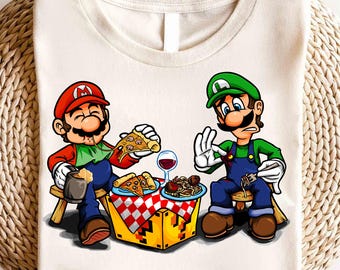 Mario and Luigi Italian Dinner T-Shirt - Funny Pizza and Pasta Graphics Tee - Retro Video Game Fan Art Gift