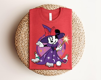Witch Minnie Mouse T-Shirt, Halloween Sorcerer Minnie Tee, Magic Wand Cartoon Shirt, Spooky Wizard Mouse Top, Retro Disney Trip Outfit