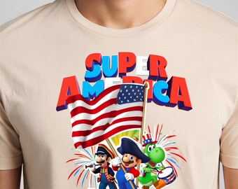 Camiseta Super America Mario, Camiseta patriótica del 250 aniversario de Mario y Luigi, Camiseta con la bandera de EE. UU. (1776-2026), Celebración del 4 de julio para gamers