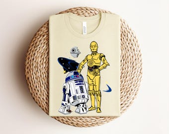 Retro Droid T-Shirt, C3PO and R2D2 Graphic Tee, Vintage Space Robot Shirt, Galaxy Death Star Top, Cute Classic Movie Outfit