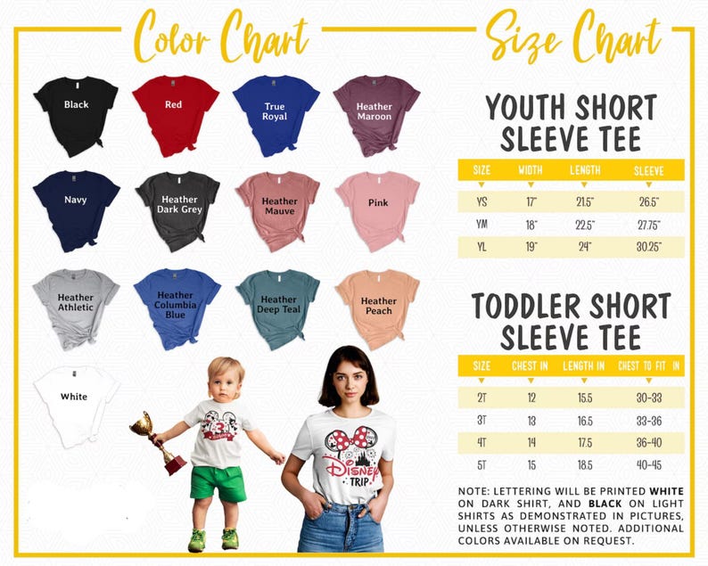 May include: A color chart displays various t-shirt colors, including black, red, and navy. Size charts for youth and toddler short sleeve tees are also shown, with measurements in inches. Two people are wearing Disney Trip t-shirts.