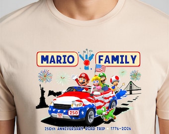 Mario Family 250th Anniversary Road Trip T-Shirt, Patriotic Mario USA Tour Shirt, 1776-2026 American Celebration Tee, 4th of July Vacation