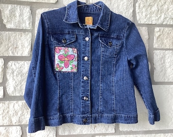 Hand-Painted Floral Denim Jacket, Embroidered Patches, Beaded Flower Detail (Petite 10)