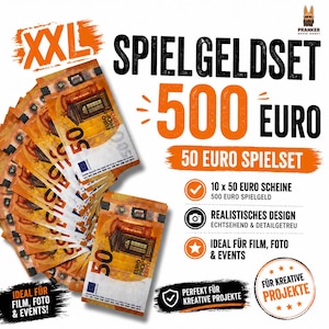 Può includere: Un mucchio di banconote da 50 euro con la scritta "XXL SPIELGELDSET 500 EURO". L'immagine mostra banconote da 50 euro, con la scritta "IDEAL FÜR FILM, FOTO & EVENTS!" e "PERFEKT FÜR KREATIVE PROJEKTE".