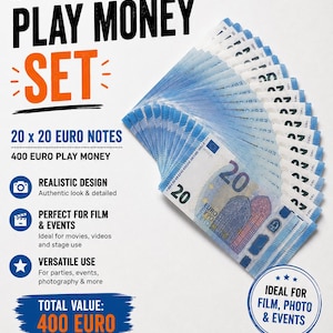 Op de afbeelding: Een set speelgeld met twintig eurobiljetten, met een totale waarde van 400 euro. Het ontwerp is realistisch en geschikt voor film, fotografie en evenementen. De afbeelding bevat de tekst "Play Money Set" en "Realistic Design".