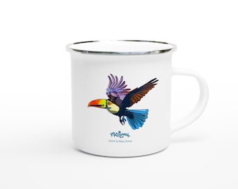 White enamel mug (12oz) "Tropic Toucan"