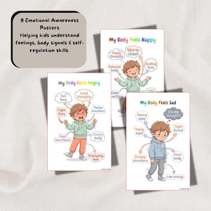 May include: Set of three educational posters for children, illustrating emotional awareness. Each poster features a cartoon child and labels describing physical sensations associated with feelings like happiness, anger, and sadness. The posters are designed to help kids understand feelings, body signals, and self-regulation skills.