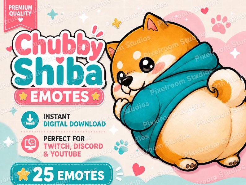 May include: Digital graphic of a cartoon Shiba Inu dog in a blue hoodie. The image includes the text "Chubby Shiba EMOTES", and details that the product is for Twitch, Discord, and YouTube, with 25 emotes available for instant digital download.
