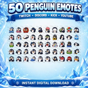 May include: A digital graphic featuring 50 penguin emotes for Twitch, Discord, Kick, and YouTube. Each penguin has a unique expression or accessory, set against a blue, icy background. Text at the top reads "50 Penguin Emotes."