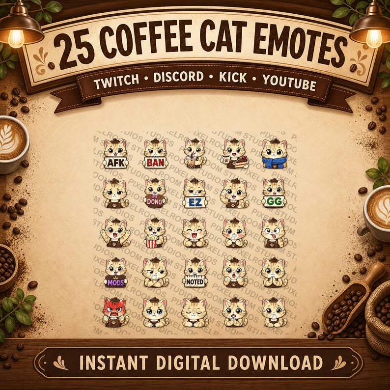 May include: An image showcasing 25 coffee cat emotes for Twitch, Discord, Kick, and YouTube. The emotes depict cartoon cats with diverse expressions and accessories. The image includes text that says "25 Coffee Cat Emotes" and "Instant Digital Download."