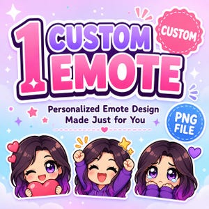 K&ouml;nnte beinhalten: Ein digitales Grafikdesign mit dem Text "1 CUSTOM EMOTE" in Pink und Lila. Darunter sind drei Cartoon-Emotes mit verschiedenen Ausdr&uuml;cken abgebildet. Der Text "Personalized Emote Design Made Just for You" ist ebenfalls enthalten.